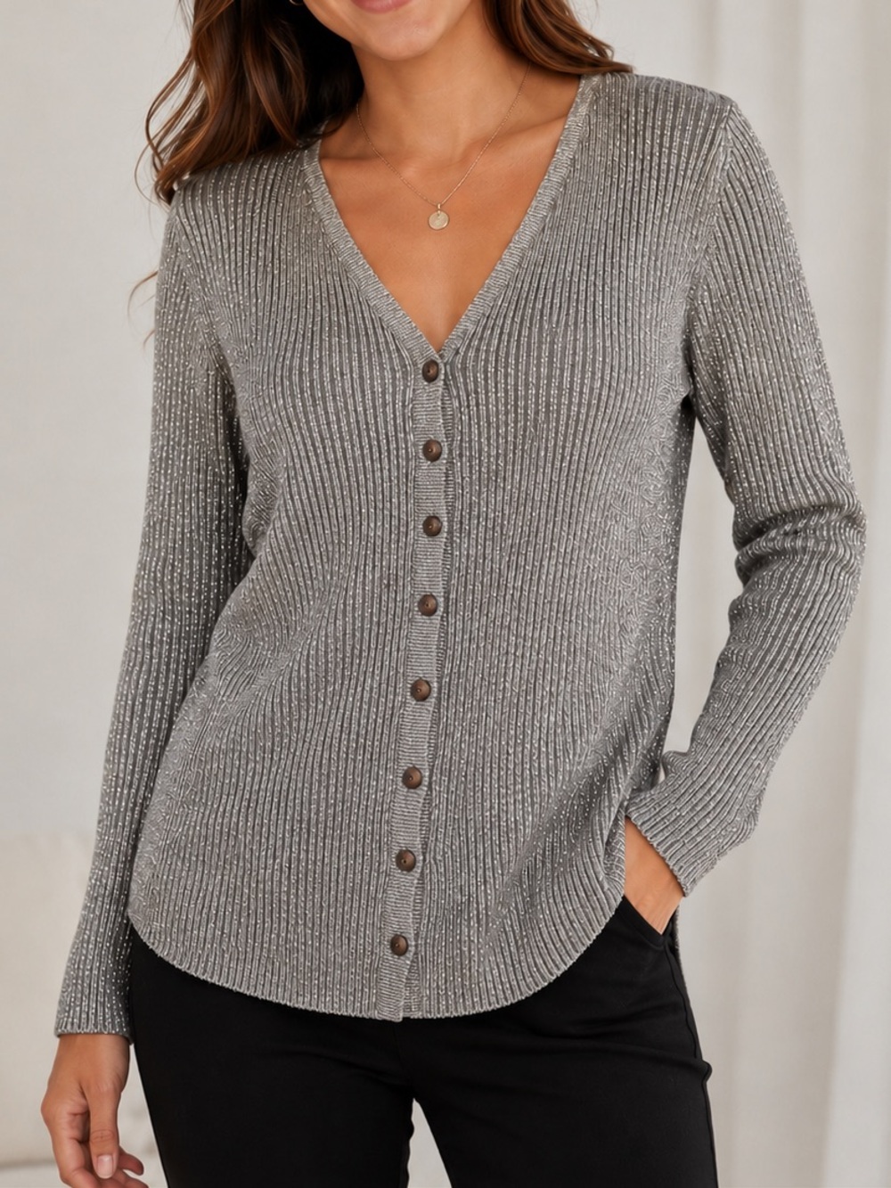 Style & Co Petite Metallic Ribbed Cardigan Sweater – Women’s Size Large